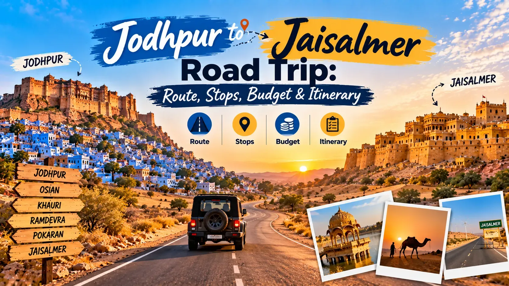 Golden sandstone architecture and desert landscape on a Jodhpur to Jaisalmer Rajasthan road trip
