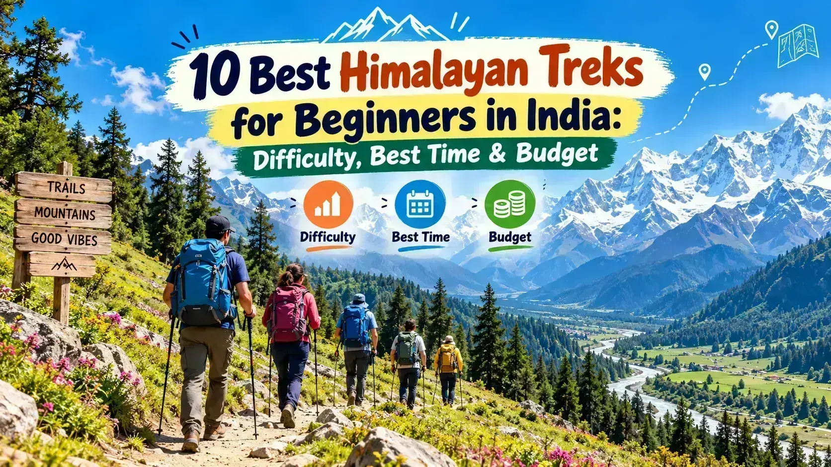 Beginner trekkers walking on a scenic Himalayan trail in India