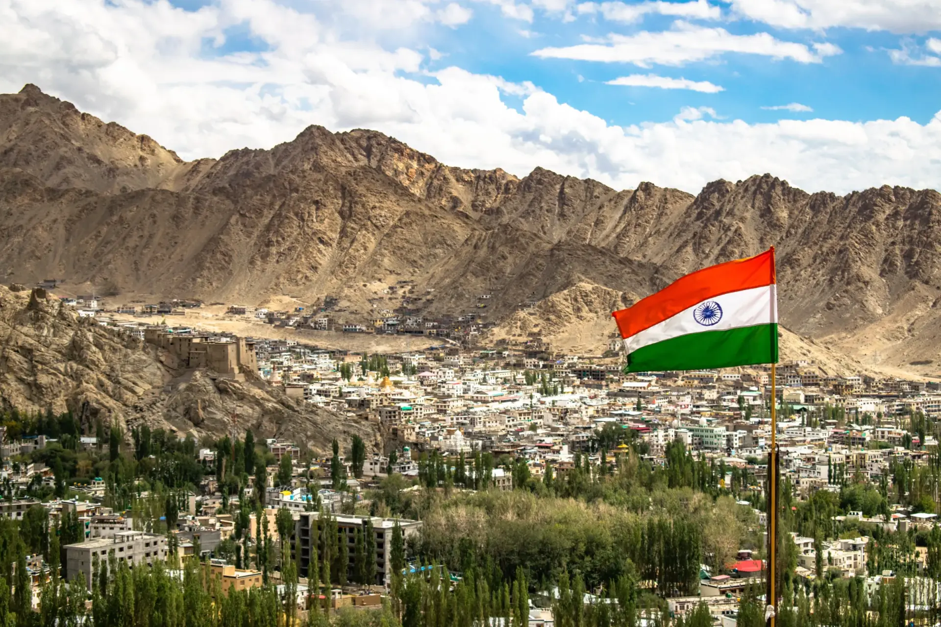 The Indian flag above a Himalayan valley