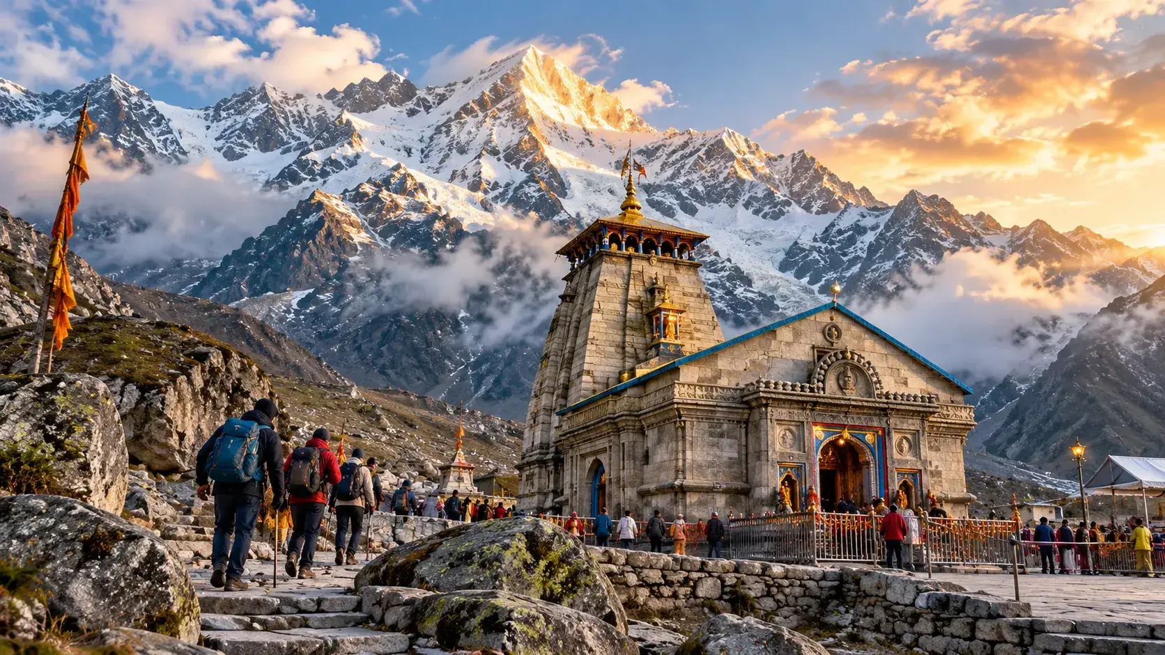 Kedarnath Temple surrounded by snow-covered Himalayan mountains in Uttarakhand