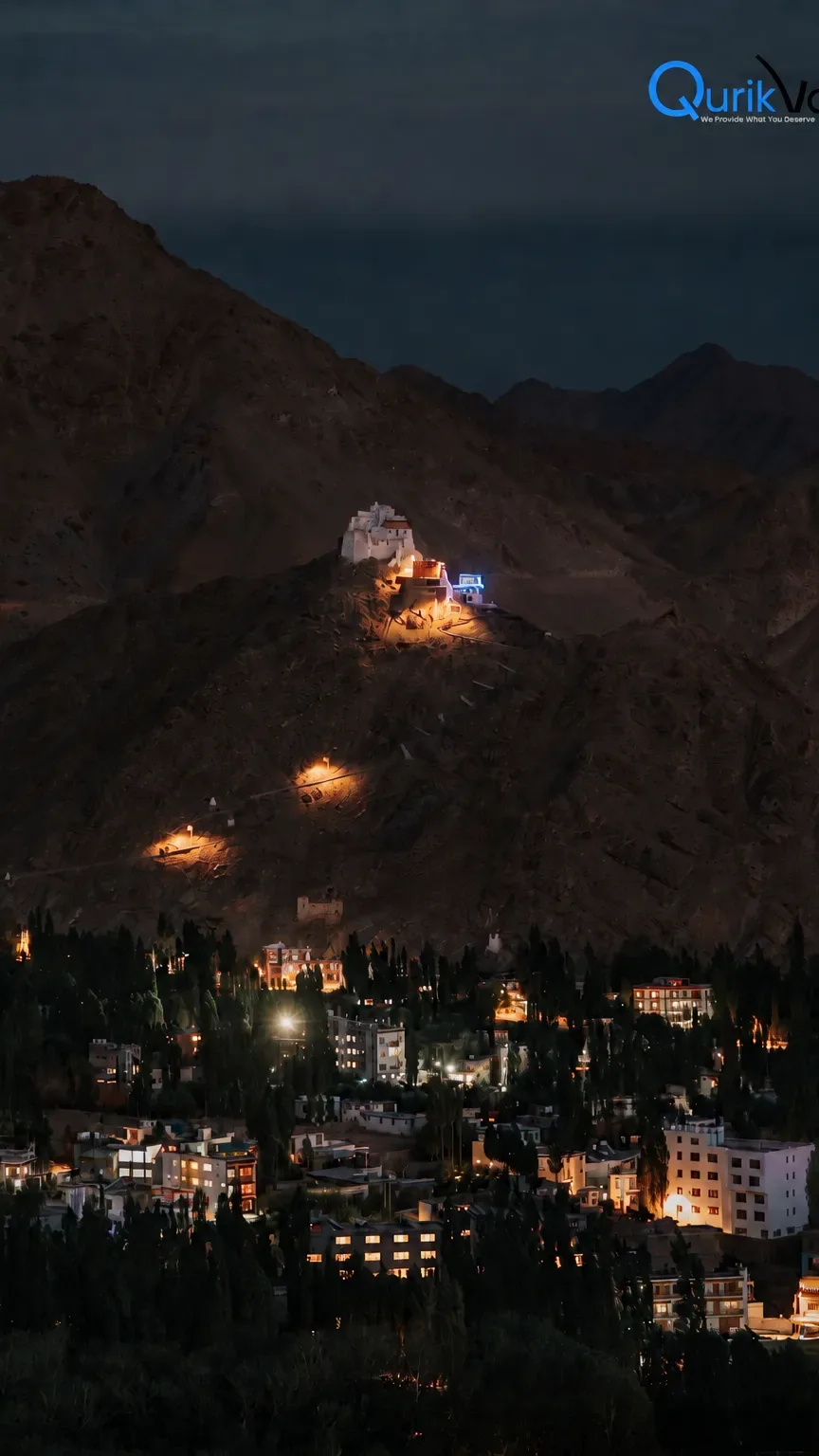 Night view of Leh town with illuminated buildings and monastery surrounded by dark mountains