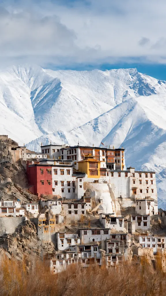 Traditional Ladakh monastery built on a rocky hill with snow-covered Himalayan mountains