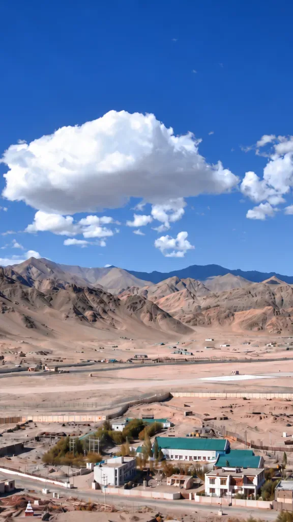 Panoramic view of a high-altitude Ladakh valley with rugged mountains and blue sky